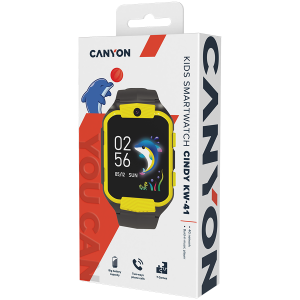 CANYON Cindy KW-41, 1.69''IPS colorful screen 240*280, ASR3603C, Nano SIM card, 192+128MB, GSM(B3/B8), LTE(B1.2.3.5.7.8.20) 680mAh battery, built in TF card : 512MB, Yellow, host: 53.3*42.3*14.5mm strap: 230*20mm, 36g