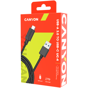 CANYON UC-4, cablu standard USB 3.0 tip C, ieșire putere și date, 5V 3A 15W, OD 4,5 mm, manta PVC, 1,5 m, negru, 0,039 kg