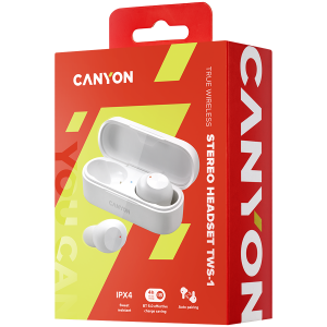 CANYON TWS-1, Căști Bluetooth, cu microfon, BT V5.0, Bluetrum AB5376A2, baterie EarBud 45mAh*2+Carcasă de încărcare 300mAh, lungime cablu 0.3m, 66*28*24mm, 0.04kg, Alb