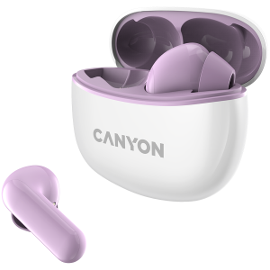 CANYON TWS-5, căști Bluetooth, cu microfon, BT V5.3 JL 6983D4, răspuns în frecvență: 20Hz-20kHz, acumulator EarBud 40mAh*2+Carcasă de încărcare 500mAh, lungime cablu tip C 0.24m, dimensiune: 58.5*52.91*25.51* mm, 0,036 kg, violet
