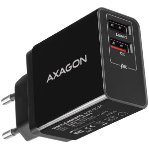 Dual wall charger <240V / 2x USB port QC3.0/AFC/FCP + 5V-1.2A. 24W total power.