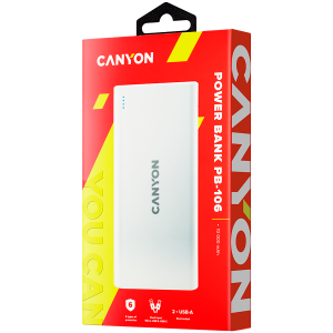 CANYON PB-106, Power bank 10000mAh Baterie Li-poli, Intrare 5V/2A, Ieșire 5V/2.1A(Max), Lungime cablu USB 0.3m, 140*68*16mm, 0.24Kg, Alb