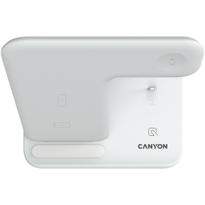 CANYON WS-302, 3in1 Wireless charger, with touch button for Running water light, Input 9V/2A, 12V/2A, Output 15W/10W/7.5W/5W, Type c to USB-A cable length 1.2m, 137*103 *140mm, 0.22Kg, White