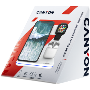 CANYON WS-302, 3in1 Wireless charger, with touch button for Running water light, Input 9V/2A, 12V/2A, Output 15W/10W/7.5W/5W, Type c to USB-A cable length 1.2m, 137*103 *140mm, 0.22Kg, White