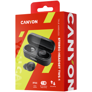 CANYON TWS-1, Căști Bluetooth, cu microfon, BT V5.0, Bluetrum AB5376A2, baterie EarBud 45mAh*2+Carcasă de încărcare 300mAh, lungime cablu 0.3m, 66*28*24mm, 0.04kg, Negru