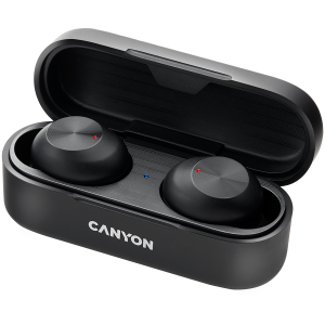 CANYON TWS-1, Căști Bluetooth, cu microfon, BT V5.0, Bluetrum AB5376A2, baterie EarBud 45mAh*2+Carcasă de încărcare 300mAh, lungime cablu 0.3m, 66*28*24mm, 0.04kg, Negru