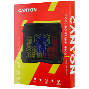 CANYON NS02, Cooling stand single fan with 2x2.0 USB hub, support up to 10”-15.6” laptop, ABS plastic and iron, Fans dimension:125*125*15mm(1pc), DC 5V, fan speed: 800-1000RPM, size:340*265*30mm, 406g