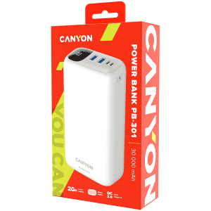 CANYON PB-301,Power bank 30000mAh Li-poly battery,Input Micro:DC5V/2A,9V/2A Input Type c PD:DC5V/3A, 9V/2A,Output Type C PD:5V/3A,9V/2.2A,12V/1.5AOutput USBA1+USBA2:5V3A,5V/4.5A,4.5V/5A,9V2A,12V1.5A,22.5W quick charging cable 0.3m