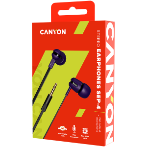CANYON SEP-4, Stereo earphone with microphone, 1.2m flat cable, Purple, 22*12*12mm, 0.013kg