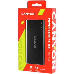 CANYON PB-108, Power bank 10000mAh Li-poly battery, Input 5V/2A, Output 5V/2.1A(Max), 140*68*16mm, 0.230Kg, Black