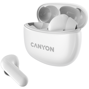 CANYON TWS-5, căști Bluetooth, cu microfon, BT V5.3 JL 6983D4, răspuns în frecvență: 20Hz-20kHz, acumulator EarBud 40mAh*2+Carcasă de încărcare 500mAh, lungime cablu tip C 0.24m, dimensiune: 58.5*52.91*25.51* mm, 0,036 kg, alb