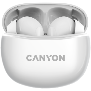 CANYON TWS-5, Bluetooth headset, with microphone, BT V5.3 JL 6983D4, Frequency Response:20Hz-20kHz, battery EarBud 40mAh*2+Charging Case 500mAh, type-C cable length 0.24m, size: 58.5*52.91*25.5 mm, 0.036kg, White