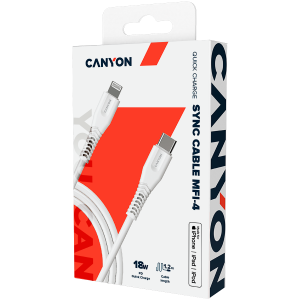 CANYON MFI-4, Cablu tip C la MFI Lightning pentru Apple, PVC Mouling, Funcție: cu caracteristică completă (transmitere de date și încărcare PD) Ieșire: 5 V/2,4 A, OD: 3,5 mm, lungime cablu 1,2 m, 0,026 kg, Culoare :Alb