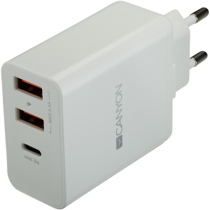 CANYON H-08, încărcător universal 3xUSB AC (în perete) cu protecție la supratensiune (1 USB-C cu încărcător rapid PD), intrare 100V-240V, ieșireUSB-A/5V-2.4A+USB-C/PD30W, cu Smart IC, culoare albă lucioasă + parte din plastic portocaliu a USB, 96,8*52,48*