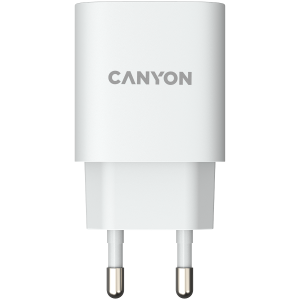 CANYON H-20, PD 20W Input: 100V-240V, Output: 1 port charge: USB-C:PD 20W (5V3A/9V2.22A/12V1.67A), Eu plug, Over-Voltage, over-heated, over- current and short circuit protection Compliant with CE RoHs, ERP. Size: 80*42.3*30mm, 55g, White