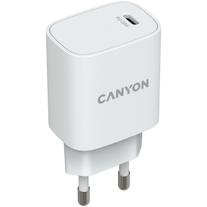 CANYON H-20, PD 20W Input: 100V-240V, Output: 1 port charge: USB-C:PD 20W (5V3A/9V2.22A/12V1.67A), Eu plug, Over-Voltage, over-heated, over- current and short circuit protection Compliant with CE RoHs, ERP. Size: 80*42.3*30mm, 55g, White