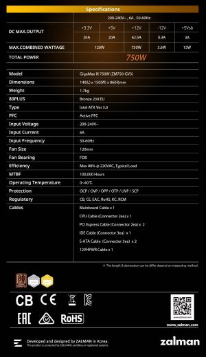 Zalman захранване PSU GigaMax III ATX 3.0 750W Bronze - ZM750-GV3