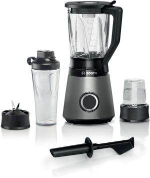 Блендер Bosch MMB6177S Series 4, VitaPower Blender, 1200 W, Glass ThermoSafe jug 1.5 l, Tritan ToGo bottle 0.6 l, Two speed settings and pulse function, ProEdge stainless steel blades made in Solingen, Silver