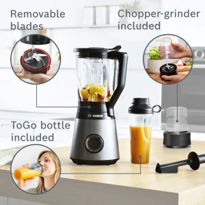 Блендер Bosch MMB6177S Series 4, VitaPower Blender, 1200 W, Glass ThermoSafe jug 1.5 l, Tritan ToGo bottle 0.6 l, Two speed settings and pulse function, ProEdge stainless steel blades made in Solingen, Silver