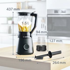 Блендер Bosch MMB6176B Series 4, VitaPower Blender, 1200 W, Glass ThermoSafe jug 1.5 l, Grinding attachment, Two speed settings and pulse function, ProEdge stainless steel blades made in Solingen, Black