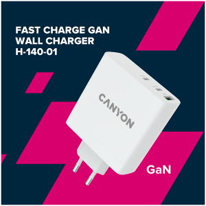 CANYON H-140-01, Wall charger with 1USB-A, 2 USB-C. Input:100-240V~50/60Hz, 2.0A Max. USB-A Output: 5V /9V /12V/20V /28V Max Output Current:5.0A max