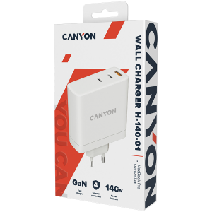 CANYON H-140-01, Wall charger with 1 USB-A, 2 USB-C. Input: 100-240V~50/60Hz, 2.0A Max. USB-A Output: 5V /9V /12V/20V /28V Max Output Current:5.0A max