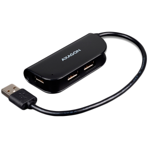 Hub USB 2.0 la îndemână, cu patru porturi, cu un cablu USB conectat permanent. Negru.