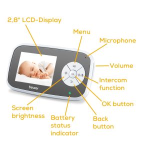 Monitor pentru bebeluși Beurer BY 110 monitor video pentru bebeluși, afișaj color LCD de 2,8 inchi, funcție de vedere pe timp de noapte în infraroșu, 4 cântece de leagăn blânde, funcție de interfon, alarmă de mișcare și sunet, rază de acțiune de până la 3