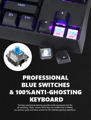 Tastatură mecanică pentru jocuri Marvo Tastatură mecanică pentru jocuri KG953G - Comutatoare albastre, 87 taste TKL, RGB