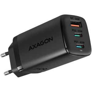 Axagon GaN wall charger <240V / 3x port (USB + dual USB-C), PD3.0/QC4+/PPS/Apple. 65W total power.