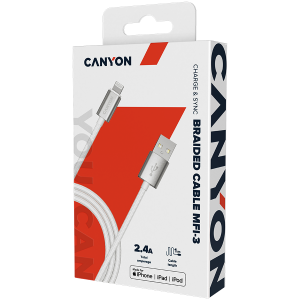 CANYON MFI-3, Cablu împletit MFI Charge & Sync cu carcasă metalică, USB la Lightning, certificat de Apple, lungime cablu 1m, OD2.8mm, alb perlat