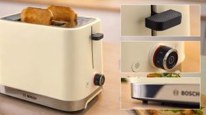 Pâine de pâine Bosch TAT4M227, Pâine de pâine MyMoment Compact, 950 W, Oprire automată, Setare de dezghețare și reîncălzire, Accesoriu detașabil și pliabil pentru chifle, Înaltă ridicare, Cremă