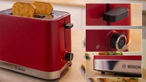 Pâine de pâine Bosch TAT4M224, Pâine de pâine MyMoment Compact, 950 W, Oprire automată, Setare de dezghețare și reîncălzire, Accesoriu detașabil și pliabil pentru chifle, Ridicare mare, Roșu