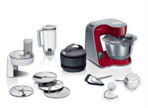 Robot de bucătărie Bosch MUM5X720, Mașină de bucătărie cu cântar, MUM5, 1000 W, 3D PlanetaryMixing, Bol de amestecare din oțel inoxidabil, accesorii suplimentare incluse, Roșu, Argintiu