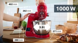 Кухненски робот Bosch MUM5X720, Kitchen Machine with scale, MUM5, 1000 W, 3D PlanetaryMixing, Stainless steel mixing bowl, additional accessories included, Red, Silver