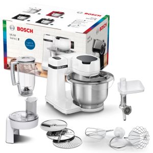 Robot de bucătărie Bosch MUMS2EW30 Mașină de bucătărie, MUM Seria 2, 700 W, 4 viteze, bol de amestecare din plastic de 3,8 l, adăugare accesorii, Alb - alb