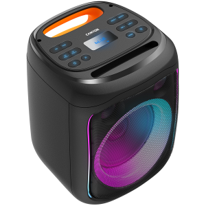 CANYON OnFun 5, Partybox speaker,Spec: speaker drivers: 6.5''+1.5'tweeter Power Output : 40W Lithium Battery : 7.4v 3600mAh Function : AUX+TF+MIC+BT+USB+DSP+EQ+ehco+. Color: Black body, orange handle.