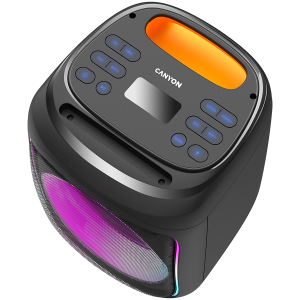 CANYON OnFun 5, Partybox speaker,Spec: speaker drivers: 6.5''+1.5'tweeter Power Output : 40W Lithium Battery : 7.4v 3600mAh Function : AUX+TF+MIC+BT+USB+DSP+EQ+ehco+. Color: Black body, orange handle.