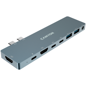 CANYON DS-8 Multiport Docking Station with 8 ports, 1*Type C PD100W+2*Type C data+2*HDMI+2*USB3.0+1*Audio. Input 100-240V, Output USB-C PD100W&USB-A 5V/1A, Aluminum alloy, Space gray, 135*48*10mm, 0.056kg