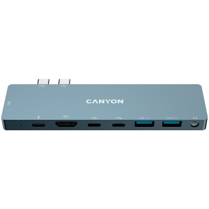 CANYON DS-8 Multiport Docking Station with 8 ports, 1*Type C PD100W+2*Type C data+2*HDMI+2*USB3.0+1*Audio. Input 100-240V, Output USB-C PD100W&USB-A 5V/1A, Aluminum alloy, Space gray, 135*48*10mm, 0.056kg