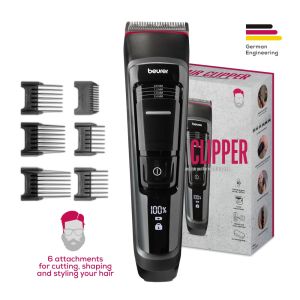 Машинка за подстригване Beurer MN5X hair clipper, 7 Attachments, 6 adjustable cutting lengths and 4-stage fine adjustment, LED display with battery display, Battery and mains operation, travel lock display and charge display, storage bag