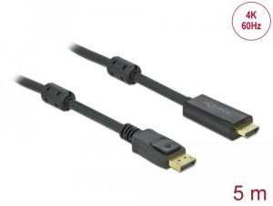 Кабел Delock DisplayPort мъжко - HDMI мъжко, 5 м., 4K 60Hz, Черен