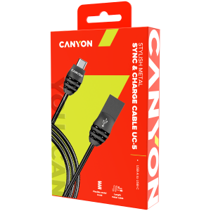 CANYON UC-5, cablu standard USB 2.0 tip C, ieșire de alimentare și date, 5V 2A, OD 3,5 mm, jachetă metalică, 1 m, culoare pistol, 0,04 kg