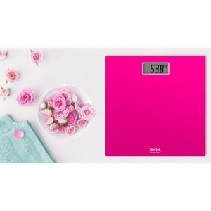 Scale Tefal PP1403V0, Premiss Pink, glass platform (30x30x2cm), 150kg /100 g, display (65x28mm), 1 battery CR 2032