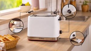 Toaster Bosch TAT4M221, MyMoment Compact toaster, 950 W, Auto power off, Defrost and reheat setting, Removable and foldable bun attachment, High lift, White