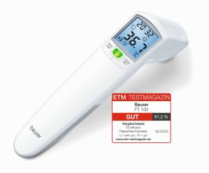 Термометър Beurer FT 100 non-contact thermometer, Distance sensor (LED/acoustic signal), Measurement of body, ambient and surface temperature, Led temperature alarm (green, yellow/ red) & face icons, Displays measurements in °C and °F, Measuring distance 