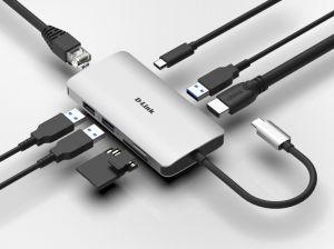 USB хъб D-Link 8-in-1 USB-C Hub with HDMI/Ethernet/Card Reader/Power Delivery