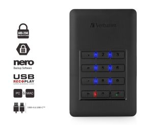 Твърд диск Verbatim STORE 'N' GO Secure HDD with keypad, USB 3.1 Gen 1 1TB black, 256-bit AES encryption