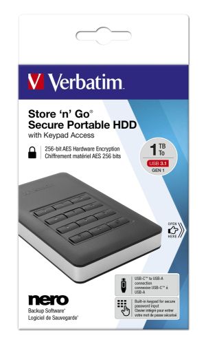 Твърд диск Verbatim STORE 'N' GO Secure HDD with keypad, USB 3.1 Gen 1 1TB black, 256-bit AES encryption