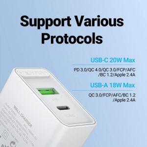 Vention бързо зарядно Fast Charger Wall - QC4.0, PD Type-C + QC3.0 USB A, 20W White - FBBW0